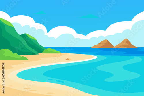 Tropical beach with green hills and rocky islands under a blue sky