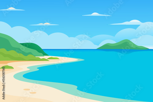 Stylized tropical beach with green hills and turquoise ocean under a blue sky