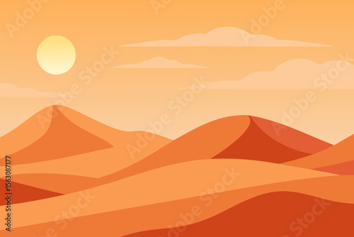 Stylized desert landscape with rolling sand dunes under a warm sun and clouds