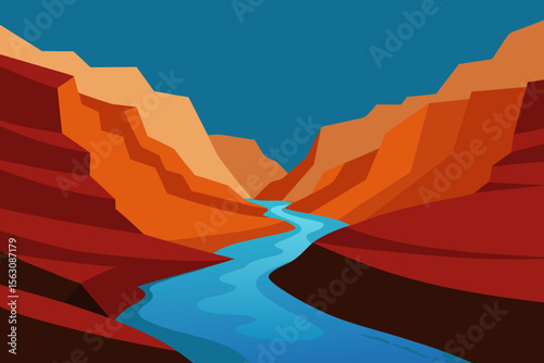 Stylized illustration of a winding river flowing through a colorful desert canyon