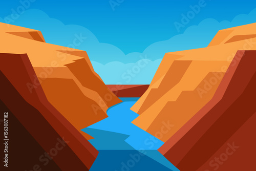 Vibrant flat illustration of a winding river flowing through a colorful canyon
