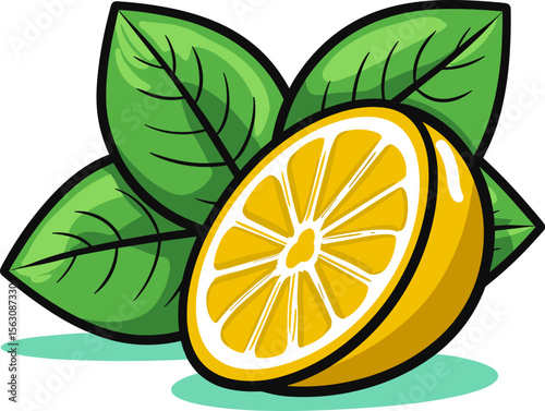 Vibrant Lemon Slice with Fresh Green Leaves Illustration