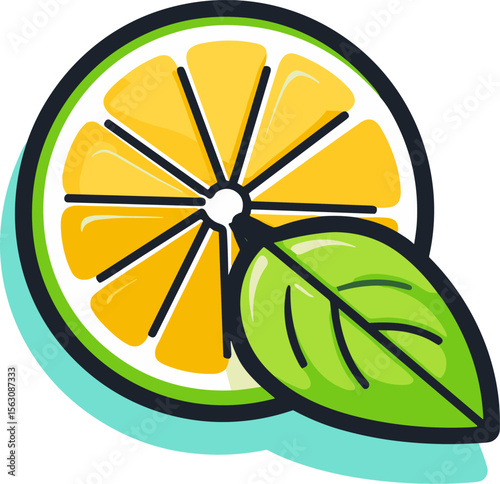 Fresh Lemon Slice with Green Leaf - Vibrant Citrus Illustration