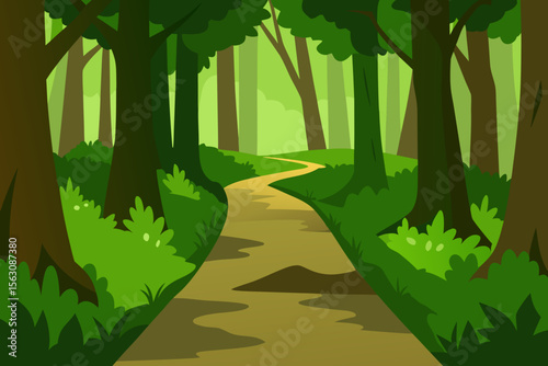 Cartoon Forest Path A Serene Journey Through Lush Greenery and Tall Trees