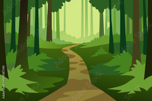 Cartoon Forest Path Leading to Light Surrounded by Green Trees and Foliage
