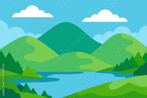 Stylized Landscape with Mountains Lake Trees and Clouds in Flat Vector Design