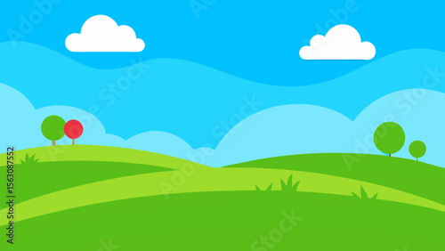 Vibrant cartoon landscape with rolling green hills trees and fluffy white clouds