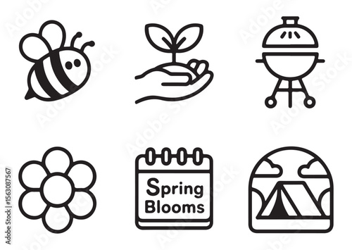 Collection of spring icons including bee flower grill calendar and tent isolated on white background
