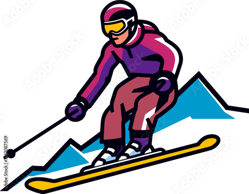 Skier carving through snow, a winter sports illustration of downhill skiing.