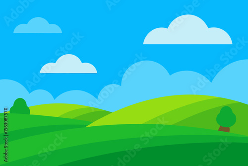 Vibrant cartoon landscape with rolling green hills and fluffy white clouds