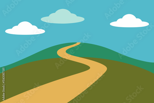 Winding yellow road leading over green hills under a blue sky with clouds