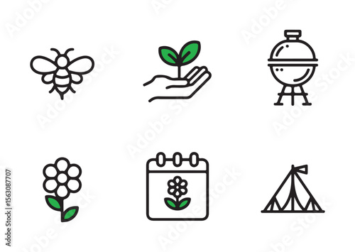 Set of six simple line art icons representing nature and outdoor activities isolated on white background