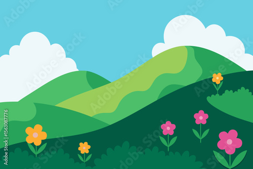 Stylized green rolling hills with colorful flowers under a blue sky