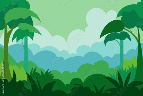 Stylized flat design jungle landscape with lush green trees and layered blue hills