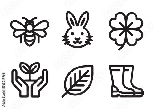 Set of six nature and gardening icons including a bee rabbit clover seedling leaf and boots isolated on white background