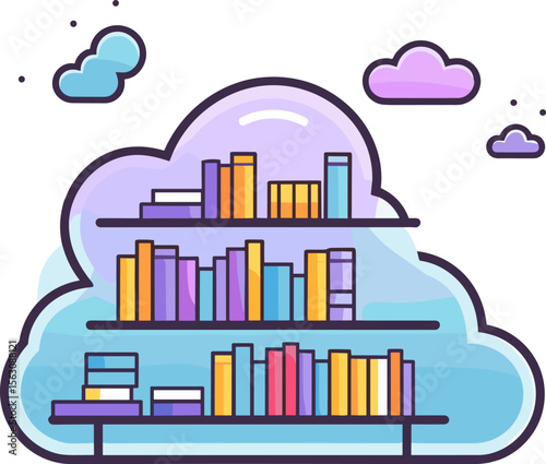 Cloud Bookshelf: A Whimsical Vector Illustration of Knowledge and Learning