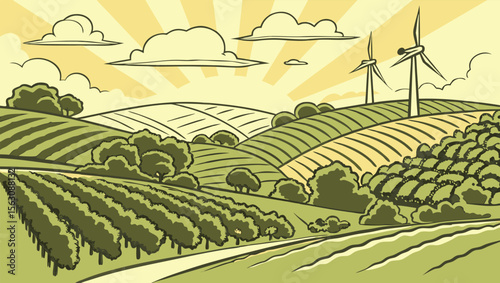 A sprawling farmland network connected by precision agriculture technology, showcasing a vibrant green landscape at sunrise, with a detailed aerial view