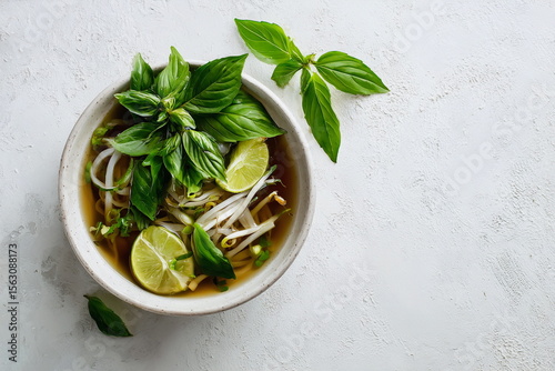 Traditional Vietnamese pho soup served with fresh herbs, bean sprouts, lime, and aromatic broth. A comforting dish blending balance, flavor, and culture in one bowl.