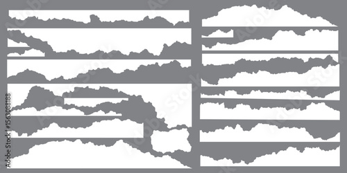White realistic torn or ripped paper strip collection with grunge edges. Rips paper texture vector art background