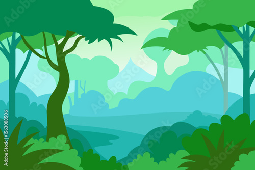 Stylized forest landscape with layered trees and rolling hills in cool tones