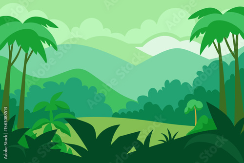 Vibrant green tropical jungle landscape with rolling hills and palm trees