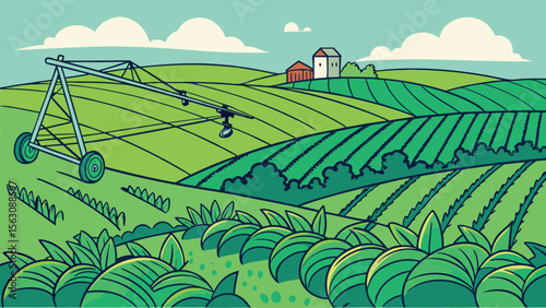 A sprawling farmland network connected by precision agriculture technology, showcasing a vibrant green landscape at sunrise, with a detailed aerial view