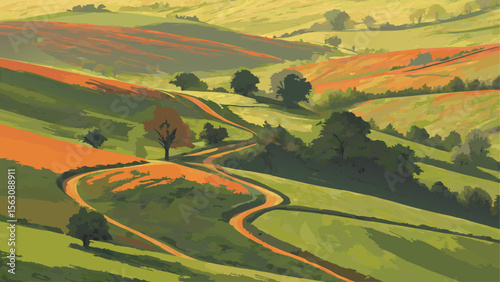 A sprawling farmland network connected by precision agriculture technology, showcasing a vibrant green landscape at sunrise, with a detailed aerial view