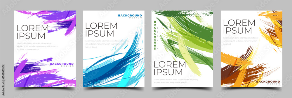 Set of modern abstract social media post templates with bold brush stroke designs in purple, blue, green, and orange color schemes. Usable for social media post, cover, poster, banner, card