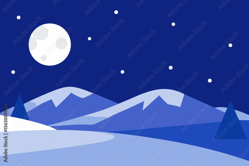 Obraz premium Minimalist Winter Landscape with Mountains Moon Stars and Trees in Blue Tones