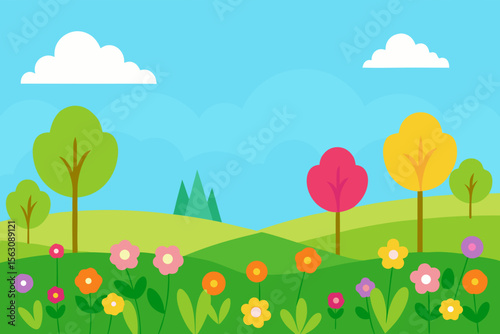 Vibrant cartoon landscape with rolling green hills colorful flowers and stylized trees under a blue sky