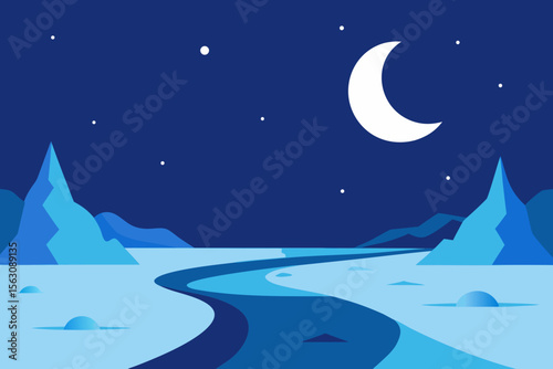 Stylized minimalist landscape with a winding river under a crescent moon and starry night sky