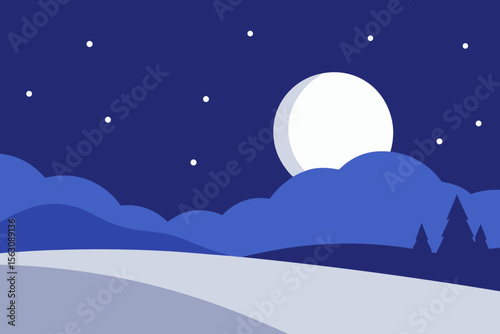 Stylized winter landscape under a full moon and starry night sky