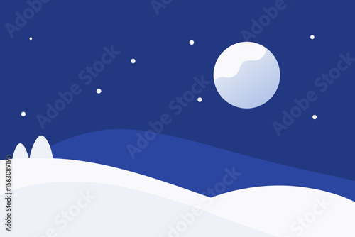 Stylized winter landscape with snow covered hills under a starry night sky and full moon