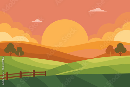 Rolling green hills and trees under a warm sunset sky with clouds