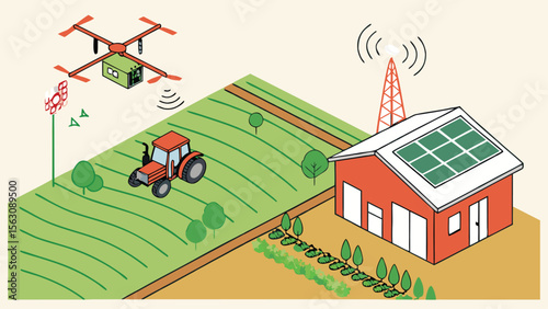 A sprawling farmland network connected by precision agriculture technology, showcasing a vibrant green landscape at sunrise, with a detailed aerial view