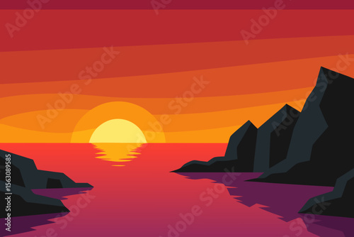 Vibrant Sunset Over Water with Rocky Outcrops in a Stylized Landscape