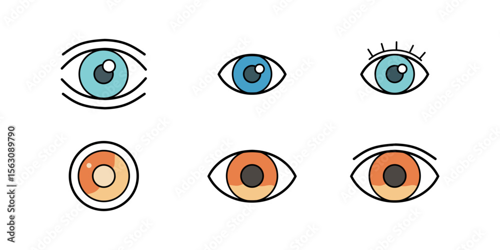 A set of flat and outline style eye icons. Consisting of various iris expressions and colors, suitable for security, surveillance, health and modern UI design themes. A set of flat and outline style eye icons. Consisting of various iris expressions and colors, suitable for security, surveillance, health and modern UI design themes.
