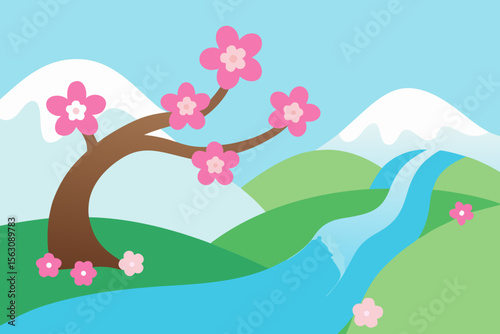 Cartoon Landscape with Cherry Blossoms Mountains and River in a Flat Style