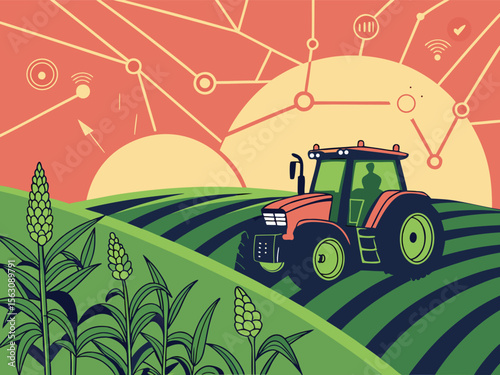 A sprawling farmland network connected by precision agriculture technology, showcasing a vibrant green landscape at sunrise, with a detailed aerial view