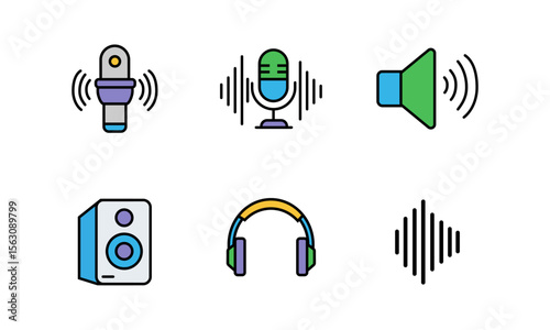 Set of colored flat audio icons: microphone, speaker, headset, sound wave, and sound device. Ideal for podcasts, music apps, volume settings, and UI/UX interfaces.