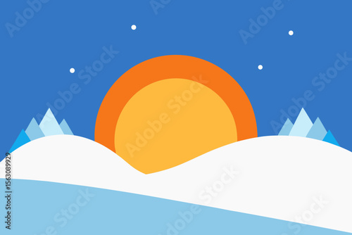 Minimalist Winter Landscape with Mountains Snow Sun and Stars in Flat Design