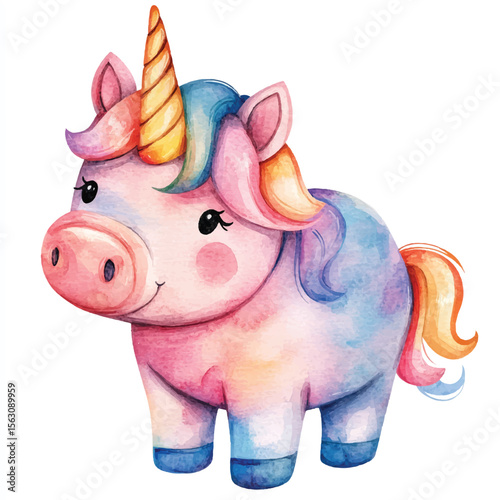 Watercolor Style Cartoon Unicorn with Pink Snout and Golden Horn