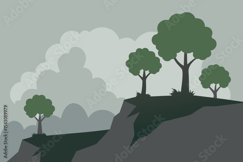 Misty Mountain Landscape with Trees and Clouds in a Flat Design Style
