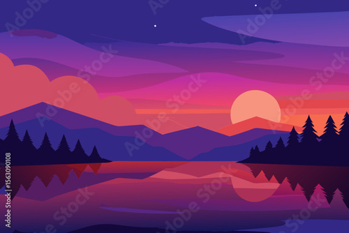 Tranquil Lake Sunset with Mountains and Forest in Vector Illustration Style