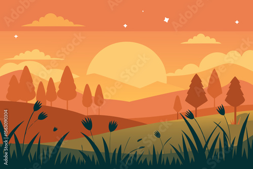 Warm Toned Landscape Illustration with Trees Grass Mountains and a Setting Sun