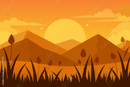 Warm Mountain Landscape with Grass Silhouettes and a Setting Sun Illustration