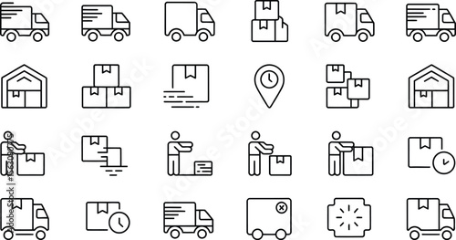Delivery and Package Icons Featuring Trucks, Warehouses, Boxes, Locations, Delivery Times, and Parcel Handling in Line Style