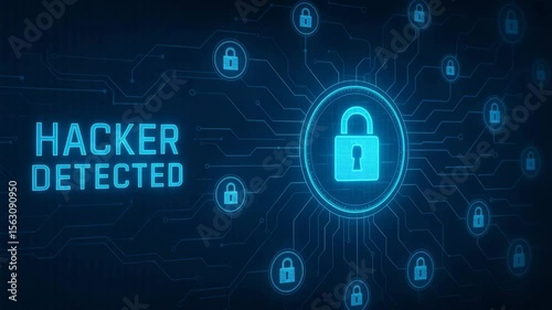 A striking digital illustration depicting a hacker detection scenario. The image features a central lock symbol surrounded by interconnected padlocks and digital circuits.