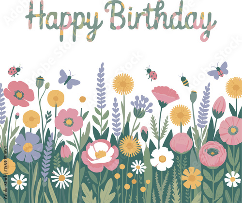 Illustrated Birthday Card with Meadow Flowers and Pollinators in Pastel Colors