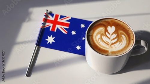 Australian flag and coffee mug with latte art